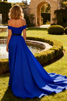 Royal Blue A Line Off the Shoulder Maxi Prom Dress with Bow