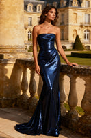 Load image into Gallery viewer, Sparkly Navy Strapless Mermaid Sequin Long Prom Dress