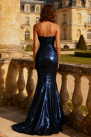 Load image into Gallery viewer, Sparkly Navy Strapless Mermaid Sequin Long Prom Dress