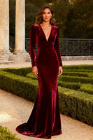 Load image into Gallery viewer, Burgundy Velvet Mermaid Maxi Formal Dress with Sleeves