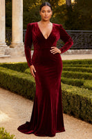 Load image into Gallery viewer, Burgundy Velvet Mermaid Maxi Formal Dress with Sleeves