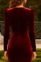 Load image into Gallery viewer, Burgundy Velvet Mermaid Maxi Formal Dress with Sleeves