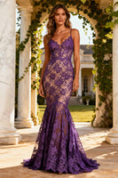 Load image into Gallery viewer, Purple Lace Spaghetti Straps Mermaid Maxi Prom Dress