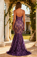 Load image into Gallery viewer, Purple Lace Spaghetti Straps Mermaid Maxi Prom Dress