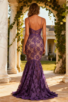 Purple Lace Spaghetti Straps Mermaid Maxi Prom Dress