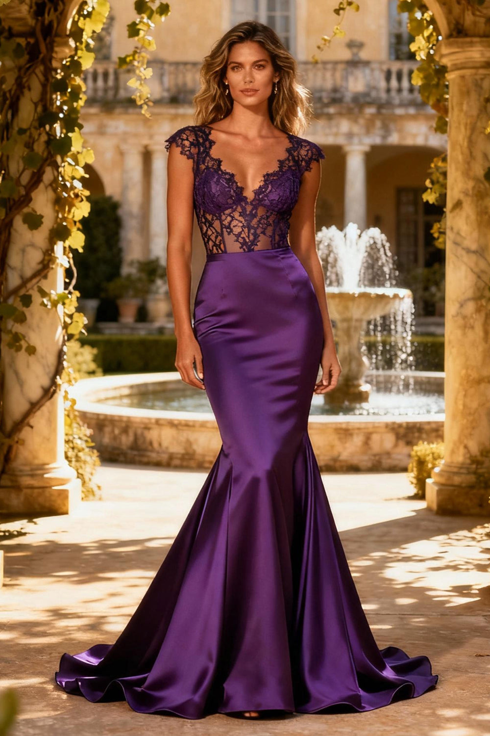 Purple Mermaid V Neck Maxi Corset Prom Dress