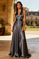Load image into Gallery viewer, Steel Grey Satin A Line Halter Long Formal Dress with Sash