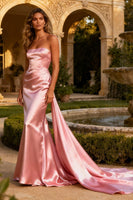 Load image into Gallery viewer, Pink Strapless Mermaid Satin Maxi Prom Dress with Side Cape