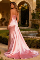 Load image into Gallery viewer, Pink Strapless Mermaid Satin Maxi Prom Dress with Side Cape