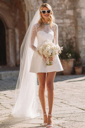 Sparkly White A Line Satin Short Wedding Dress with Lace