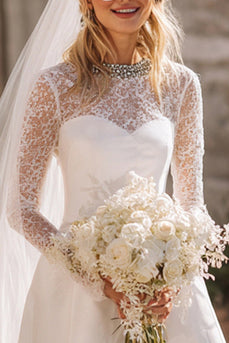 Sparkly White A Line Satin Short Wedding Dress with Lace