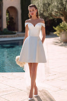 Load image into Gallery viewer, Simple White Off the Shoulder A Line Stain Short Wedding Dress