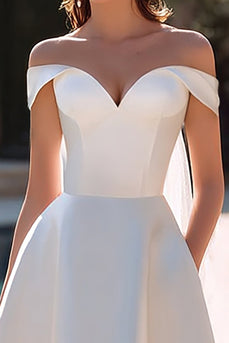 Simple White Off the Shoulder A Line Stain Short Wedding Dress