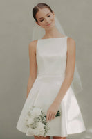 Load image into Gallery viewer, White A Line Bateau Neck Satin Short Wedding Dress