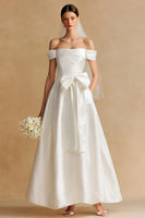 Load image into Gallery viewer, White Off the Shoulder Satin Long Wedding Dress with Bow