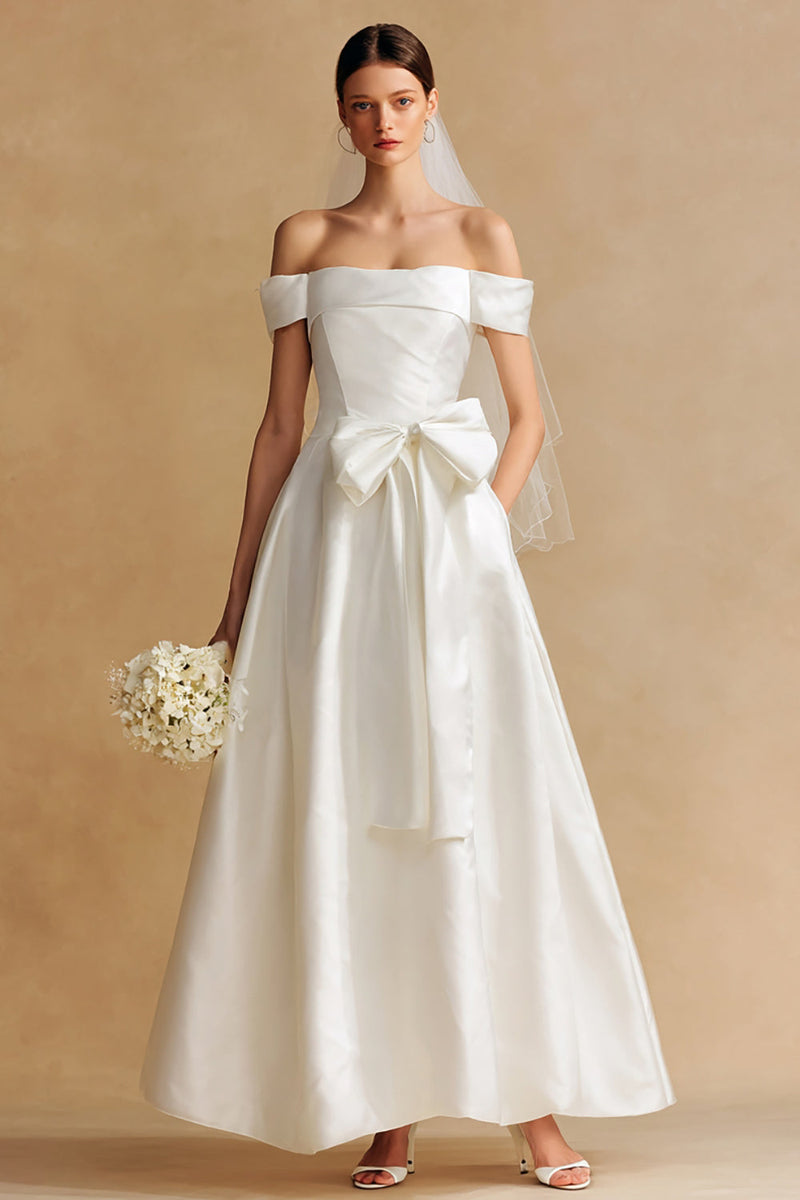 Load image into Gallery viewer, White Off the Shoulder Satin Long Wedding Dress with Bow