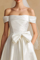 Load image into Gallery viewer, White Off the Shoulder Satin Long Wedding Dress with Bow