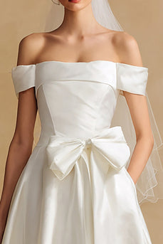 White Off the Shoulder Satin Long Wedding Dress with Bow