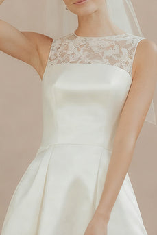 White A Line Round Neck Satin Short Wedding Dress with Lace
