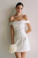 Load image into Gallery viewer, Simple White Off the Shoulder Satin Bodycon Short Wedding Dress