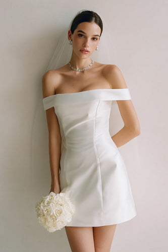 Simple White Off the Shoulder Satin Bodycon Short Wedding Dress