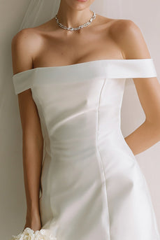 Simple White Off the Shoulder Satin Bodycon Short Wedding Dress