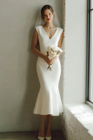 Load image into Gallery viewer, White Satin Mermaid V-Neck Midi Wedding Dress