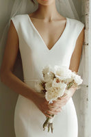 Load image into Gallery viewer, White Satin Mermaid V-Neck Midi Wedding Dress