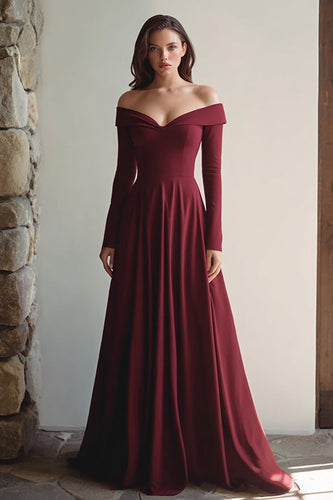 Off the Shoulder Burgundy Maxi Formal Dress with Sleeves