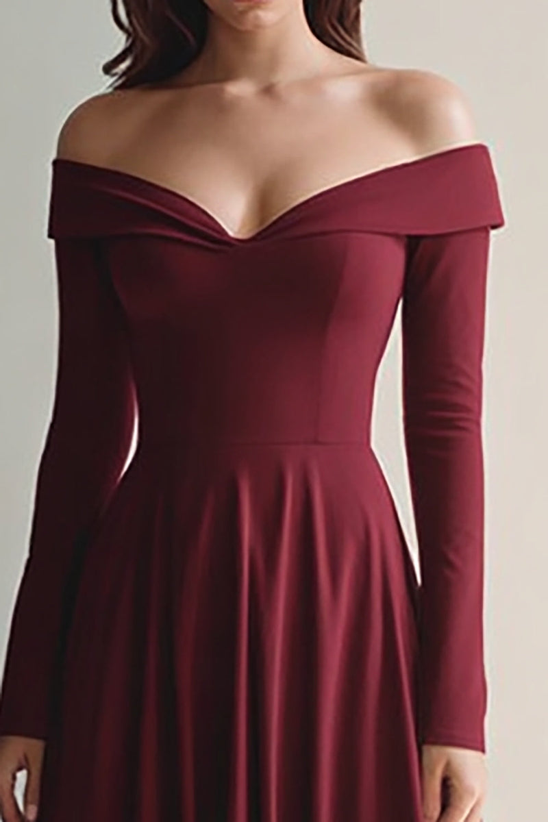 Load image into Gallery viewer, Off the Shoulder Burgundy Maxi Formal Dress with Sleeves