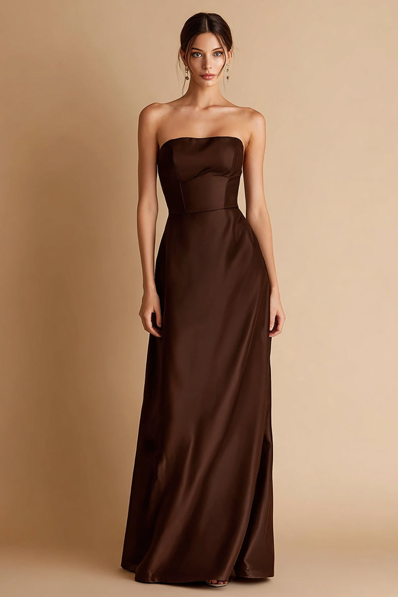 Load image into Gallery viewer, Coffee Strapless Sheath Satin Long Formal Dress