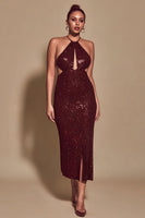 Load image into Gallery viewer, Sparkly Sequin Burgundy Sheath Halter Long Holiday Party Dress with Keyhole