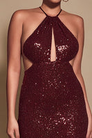 Load image into Gallery viewer, Sparkly Sequin Burgundy Sheath Halter Long Holiday Party Dress with Keyhole