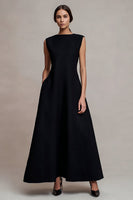 Load image into Gallery viewer, Black Bateau Neck Satin Long Formal Dress