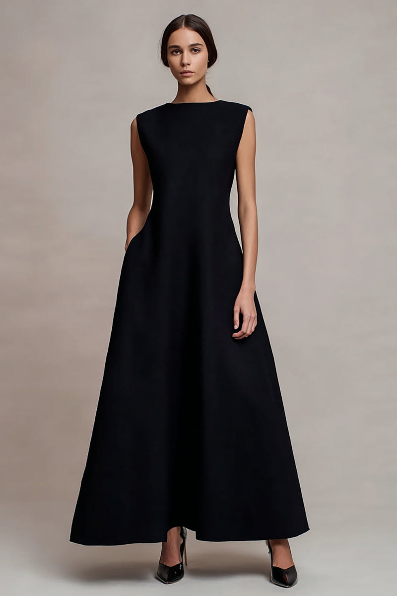 Load image into Gallery viewer, Black Bateau Neck Satin Long Formal Dress
