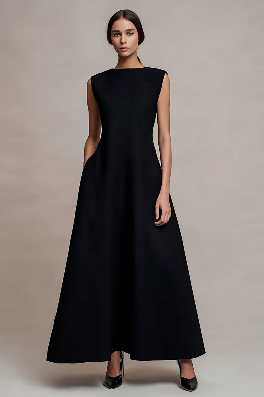 Black Bateau Neck Satin Long Formal Dress