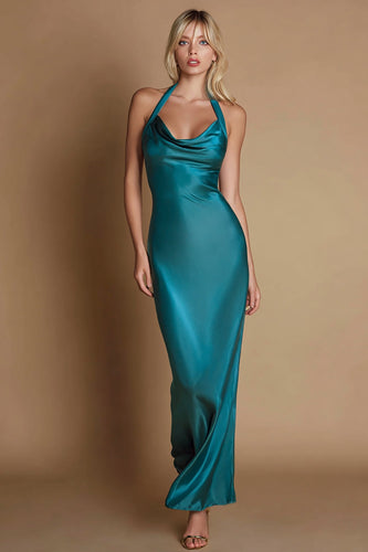 Peacock Halter Sheath Satin Long Formal Dress