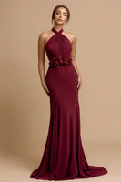 Load image into Gallery viewer, Burgundy Mermaid Halter Satin Long Formal Dress with 3D Flowers