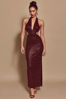 Load image into Gallery viewer, Sparkly Burgundy Halter Cut Out Mermaid Sequin Long Holiday Party Dress