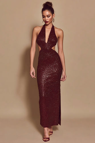 Sparkly Burgundy Halter Cut Out Mermaid Sequin Long Holiday Party Dress