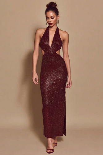 Sparkly Burgundy Halter Cut Out Mermaid Sequin Long Holiday Party Dress