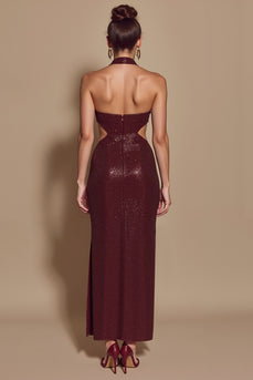 Sparkly Burgundy Halter Cut Out Mermaid Sequin Long Holiday Party Dress