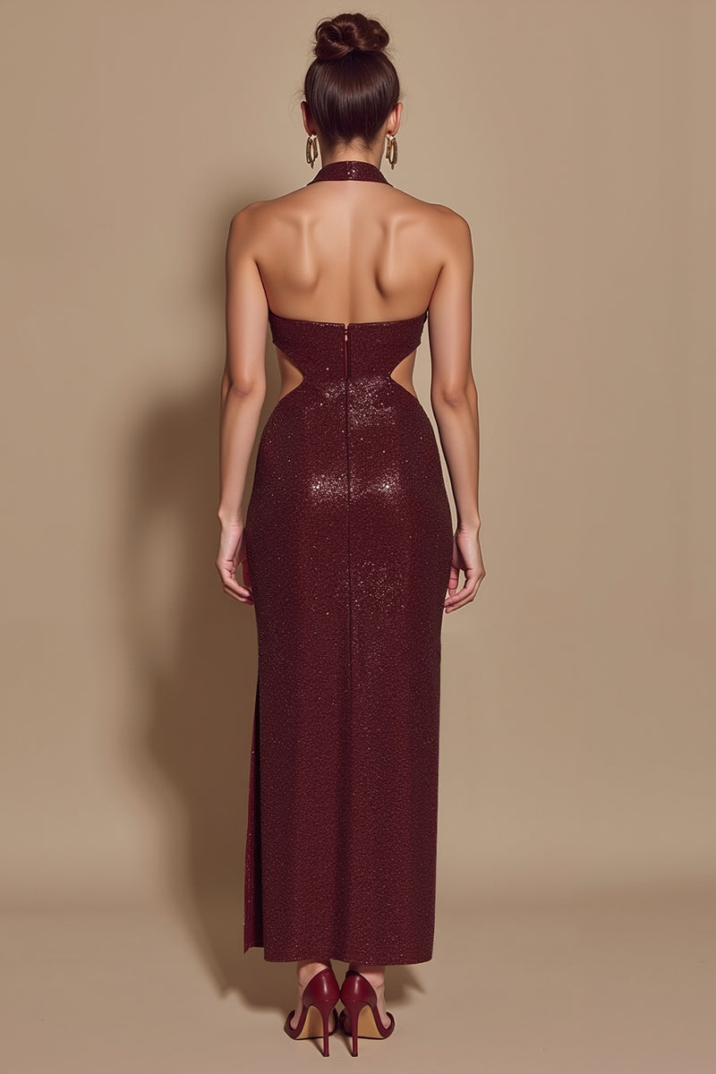 Load image into Gallery viewer, Sparkly Burgundy Halter Cut Out Mermaid Sequin Long Holiday Party Dress