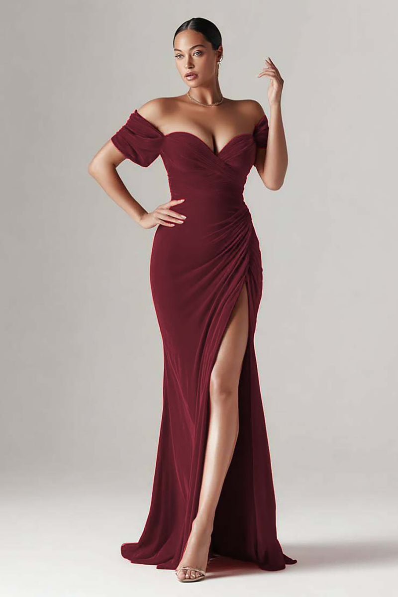 Load image into Gallery viewer, Red Mermaid Off the Shoulder Long Holiday Party Dress with Slit
