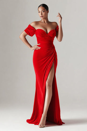 Red Mermaid Off the Shoulder Long Holiday Party Dress with Slit