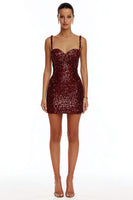 Load image into Gallery viewer, Sparkly Burgundy Spaghetti Straps Bodycon Sequin Short Cocktail Dress