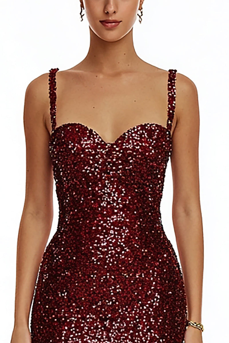 Load image into Gallery viewer, Sparkly Burgundy Spaghetti Straps Bodycon Sequin Short Cocktail Dress