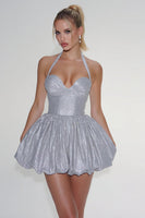Load image into Gallery viewer, Sparkly Light Grey Halter Sequin Short Cocktail Dress
