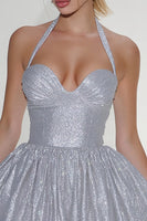 Load image into Gallery viewer, Sparkly Light Grey Halter Sequin Short Cocktail Dress