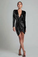 Load image into Gallery viewer, Sparkly Gold V Neck Ruched Short Sequin Cocktail Dress with Sleeves